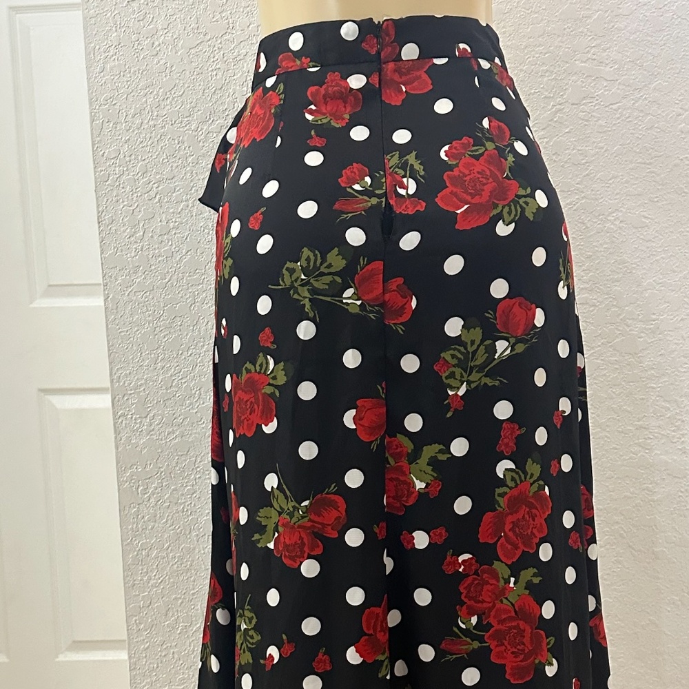 Floral Polka Dot Wrap Midi Skirt Red Roses Ruffle High Waist Vintage Style XS - Picture 5 of 6